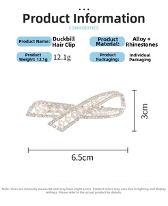 Detailed view of crystal bow hair clip with pearls and dimensions 6.5x3cm