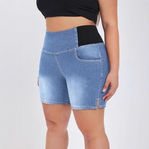 Plus Size Women Denim Shorts High Waist Elastic Band Tummy Control High Stretch Washed Denim Bottoms With Side Slit