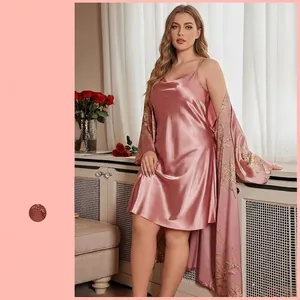 Women Plus Size Sleepwear Imitation Satin Satin Robe And Slip Nightgown Floral Print V-Neck Elegant Loungewear
