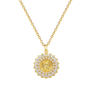 Elegant gold titanium steel necklace with a crystal-encrusted religious portrait pendant