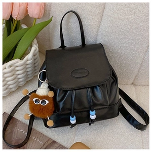 Mini black matte leather backpack for women with cute brown teddy bear pendant accessory