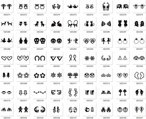 Selection grid of diverse stainless steel leaf stud earrings with black silhouette designs