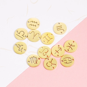 Set of 12 gold-plated stainless steel zodiac pendants with hollow signs and double holes