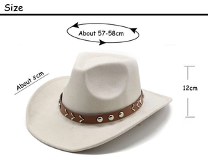 Detailed size specifications for beige faux suede western cowboy hat with dimensions