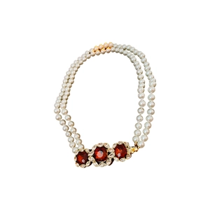 Vintage double layer pearl necklace with red crystal accents and gold floral settings