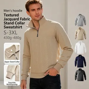Men Half Zip Stand Collar Sweatshirt Knitted Textured Jacquard Long Sleeve Casual Vintage Pullover Tops