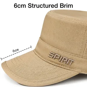 Khaki canvas cadet cap with SPIRIT embroidery and 6cm brim shown from a side view
