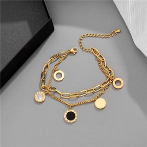 Titanium Steel Double Layer Roman Numeral Bracelet For Women Fashion Jewelry Artificial Pearl Shell Onyx Texture Pendant