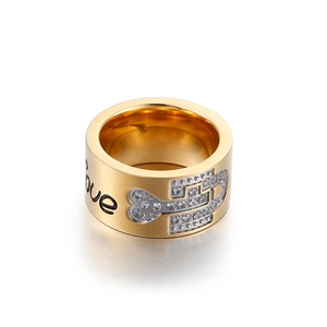 Polished gold wide ring with Love engraving and zircon key design for women