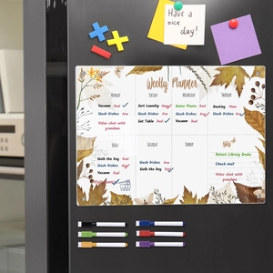 Detail of magnetic acrylic weekly planner on fridge with six colorful dry erase pens