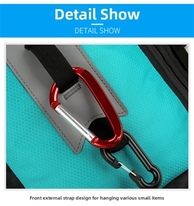 Detail of water-resistant diamond pattern fabric and nylon webbing with metal carabiner