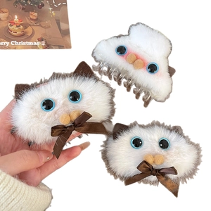 Cute plush Siamese cat acrylic claw clips with blue eyes and brown bows for women