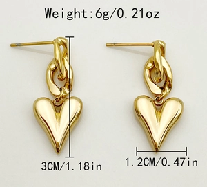 Detailed view of gold heart drop earrings with weight 6g and 3cm height specs
