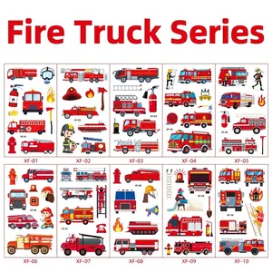 Detail view of 10-piece waterproof firetruck cartoon temporary tattoo stickers for kids