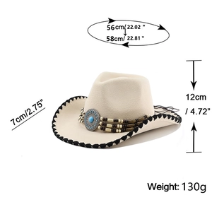 Detail of cream wool cowboy hat featuring turquoise stone beadwork and size dimensions
