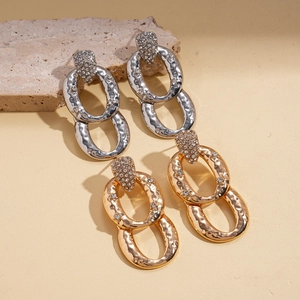 Vintage geometric oval hammered earrings in gold and silver finish with zircon accents