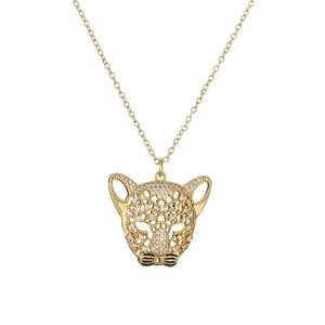 Golden necklace with a micro-paved leopard head pendant and sparkling white zircon stones