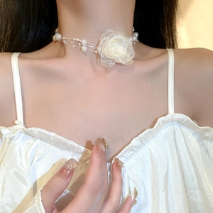 Multi Layer Imitation Artificial Pearl Choker Necklace With Large Mesh Fabric Flower Elegant Sweet Jewelry For Women