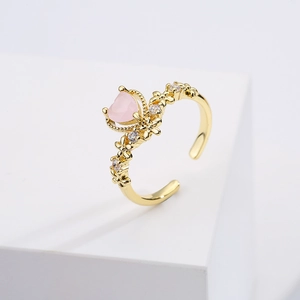 Adjustable 18K gold plated copper ring with pink heart zircon and white accent stones