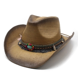 Western Cowboy Straw Hat Wide Brim Sun Protection Boho Tribal Beads Tassel Turquoise Gradient Paper For Travel