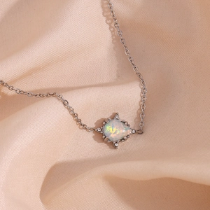 Elegant silver tone opal teardrop pendant necklace with dainty chain for women fashion chic.