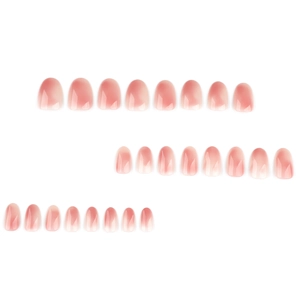 Set of 24 short round press on nails with soft pink gradient and glossy jelly finish