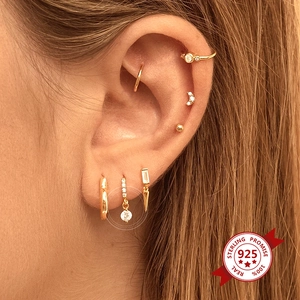 Chic S925 sterling silver water-drop earrings with pavé zircons worn on ear