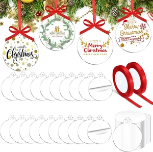 Clear Acrylic Round Christmas Hanging Ornaments DIY Blank Holiday Tree Decorations With Red Ribbons Transparent