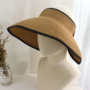 Detail of straw sun visor with wide brim and black fabric trim on a model