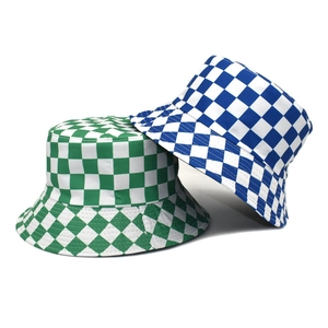 Checkerboard pattern bucket hat in blue and green colors for outdoor sun protection