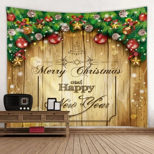 Close-up of a festive Christmas tapestry with wood grain pattern and pine needle decor