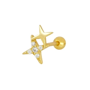 Close-up of golden star stud earring with white zircon and brushed metal finish