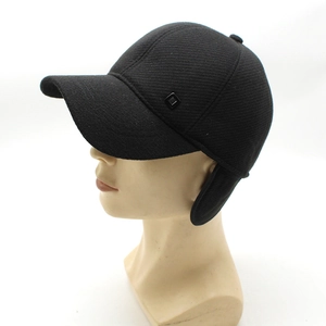 Winter men's baseball cap with ear flaps in black fabric for outdoor warmth and protection