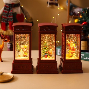 Christmas Telephone Booth Snow Globe Lamp Vintage LED Water Lantern Music Box With Glitter Snow Santa Snowman Decor