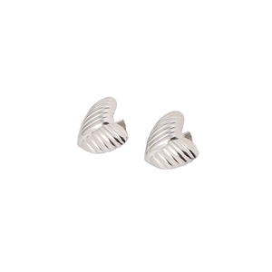 Polished silver stainless steel heart stud earrings with textured stripe pattern