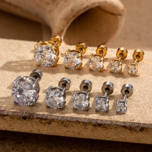Surgical steel stud earrings set with sparkling round cubic zirconia in various sizes