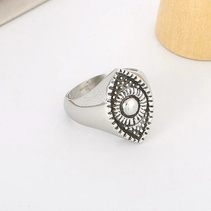 Macro shot of S316L stainless steel ring showing vintage eye relief and material engraving