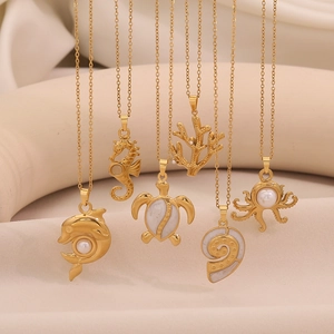 Ocean Animal Pendant Necklace Stainless Steel Gold Plated Seahorse Turtle Dolphin Octopus Conch Coral Jewelry For Women