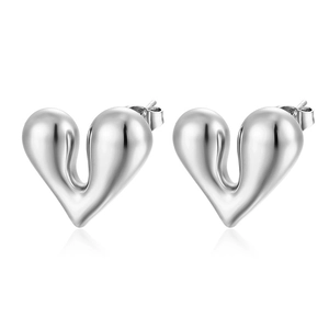 Boucles d'oreilles cœur en argent poli et acier inoxydable avec surface réfléchissante