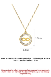 Detail of infinity circle pendant with white zircons on a gold titanium steel necklace
