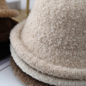 Plush French bucket hat for women in beige faux fur, thick winter warm design