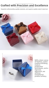 Detailed view of square bow jewelry boxes in six colors with premium cross-grain paper texture