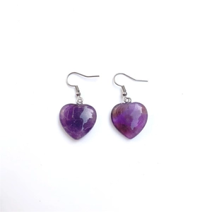 Natural heart-shaped purple amethyst drop earrings with silver metal hooks on white background