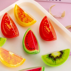 Creative fruit-shaped pencil sharpeners featuring watermelon, orange, and kiwi designs