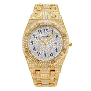 Luxurious gold iced-out men's watch with blue Arabic numerals and date window