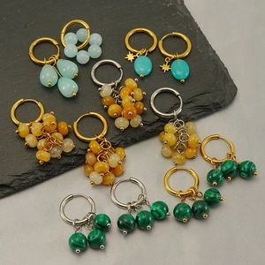 Créoles Acier Inoxydable Plaqué Or 18K Pierre Naturelle Malachite Turquoise Design Géométrique Pour Femmes