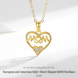 925 Sterling Silver Heart Pendant Necklace With MOM Letter Hollow Double Heart Rhinestone Inlaid Mothers Day Gift For Women