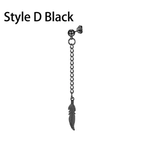 Gothic style black stainless steel stud earring with chain and detailed feather pendant