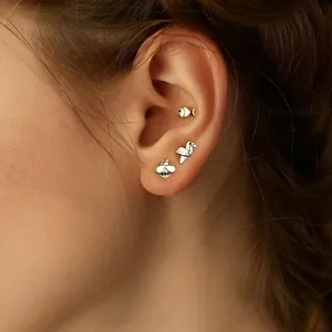 S925 Sterling Silver Animal Stud Earrings For Women Gold Plated Black Zirconia Bee Bird Fish Snake Retro Fashion Jewelry