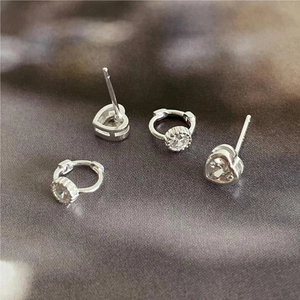 Minimalist 925 sterling silver heart earrings and cubic zirconia hoops in silver set